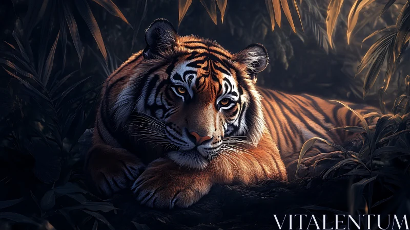 Photorealistic tiger portrait in low-key jungle lighting.