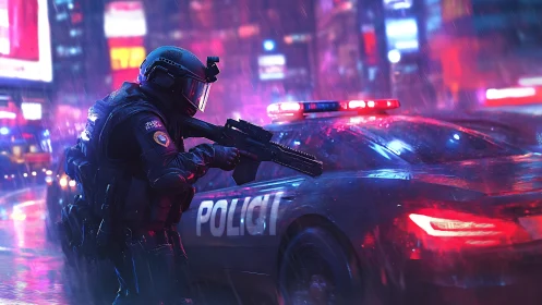 Heavily armed officer aims rifle beside police car in rain