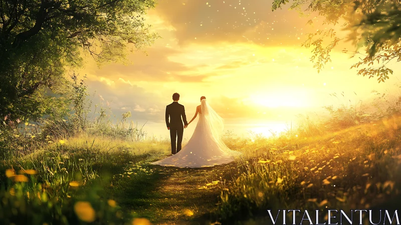 Bride and groom walk sunlit meadow path toward glowing sunset
