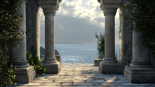 Stone seaside colonnade opening onto calm sunlit water.