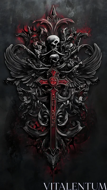 Crimson reliquary sword crowned with skulls and iron wings.