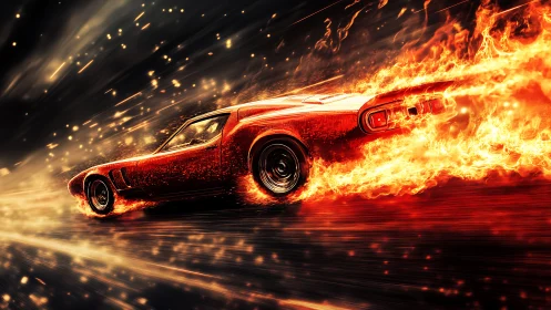 Red Muscle Car Engulfed in Flames.