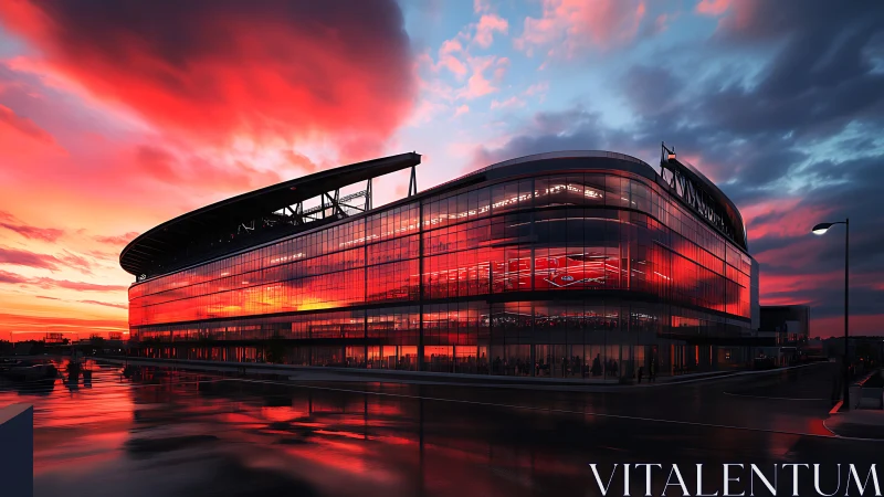 Contemporary Curved Glass Stadium Architecture with Dramatic Sunset Illumination.