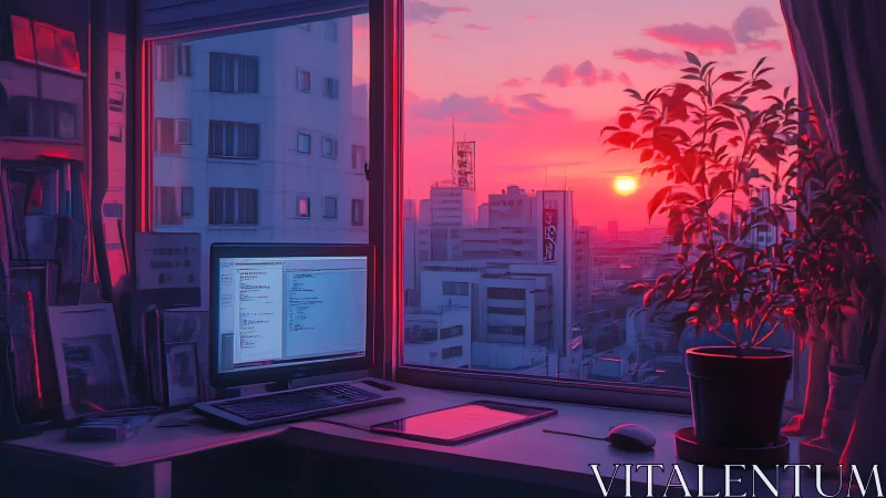 Coder workspace overlooks neon pink city sunset horizon.