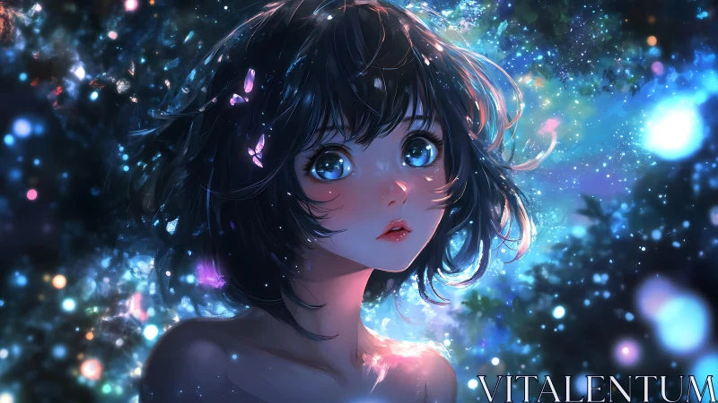 Luminous anime portrait with bokeh-rich celestial backdrop.