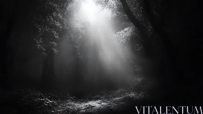 Moonlit path cuts through dense forest under drifting mist