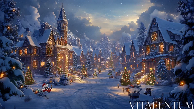 Snowlit Christmas village street humming with golden warmth.
