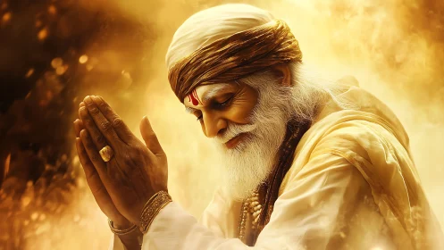 Elderly sage bows in golden light, hands joined in prayer.