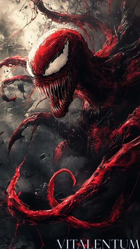 Symbiotic crimson monster with elongated fanged maw surging.