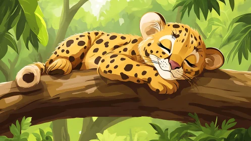 Cartoon leopard cub sleeps on sunlit jungle branch