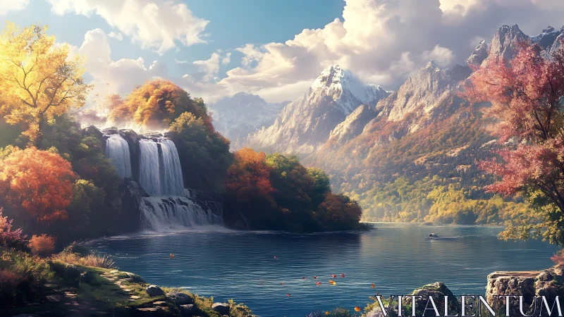 Sunlit waterfall and calm lake embraced by autumn mountains.