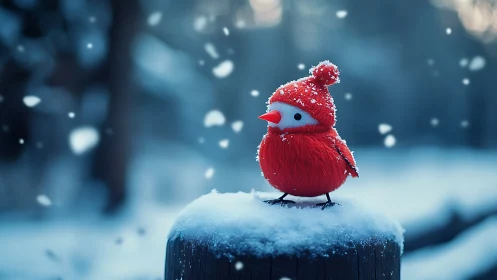 Red Bird in Winter Snow with Frost-Covered Knit Cap.
