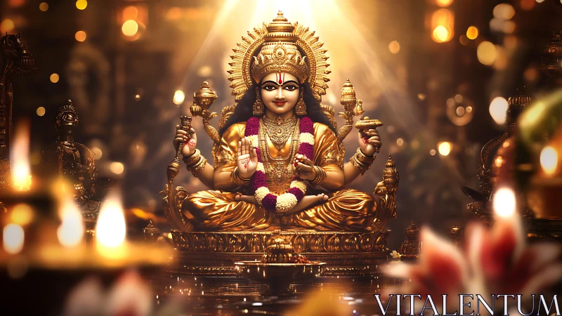 Gilded goddess of light enthroned amid glowing temple flames.