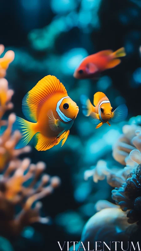Bright clownfish glide gently through a colorful coral home