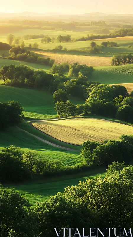 Golden evening sunlight rolls gently across green fields