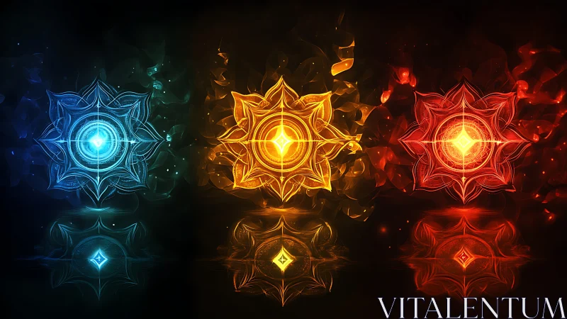 Elemental sigil triptych ignites in blue, gold, and crimson.