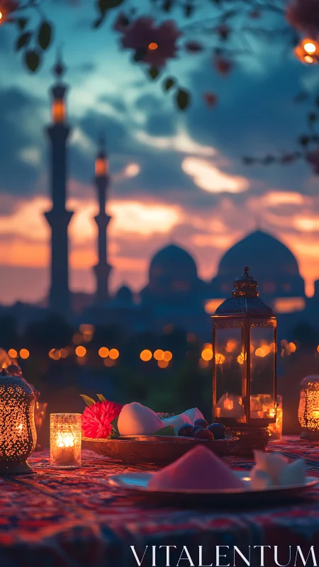 Golden lanterns glow over a peaceful sunset table scene