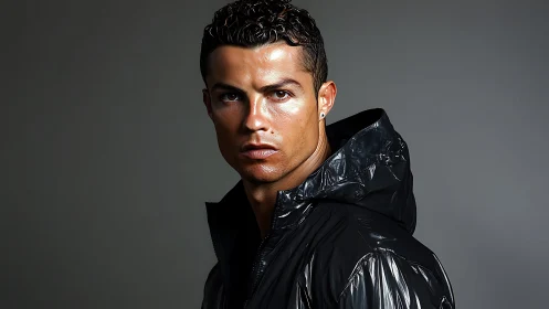 Intense male portrait in glossy black hooded jacket.