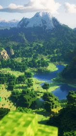 Voxel mountain landscape with river under bright daylight.