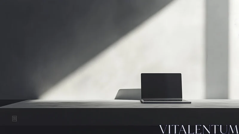 Minimal laptop workspace under angled sunlight beam.