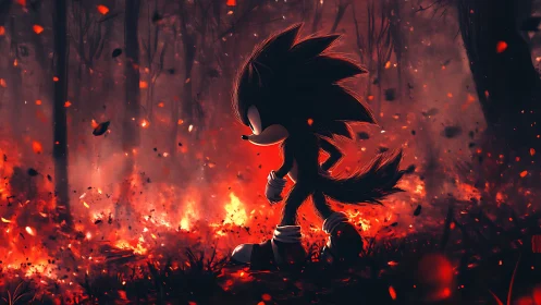 Shadowy hedgehog walks through blazing forest inferno.