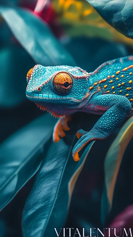 Vivid blue chameleon grips leaf in lush tropical foliage.