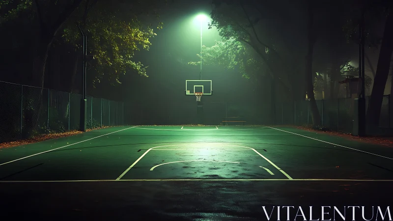 Outdoor basketball court under foggy night lighting.