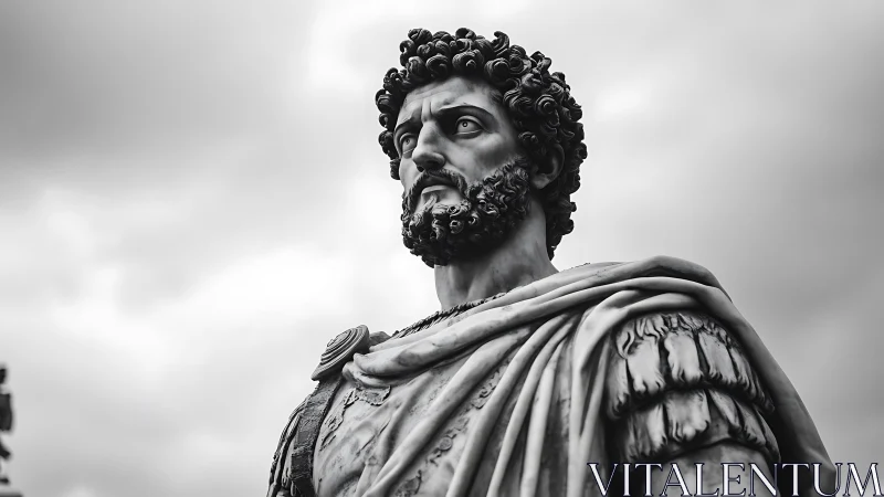 Stone statue of male Roman figure in armor against sky