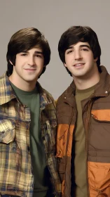Two smiling young men pose together in casual jackets