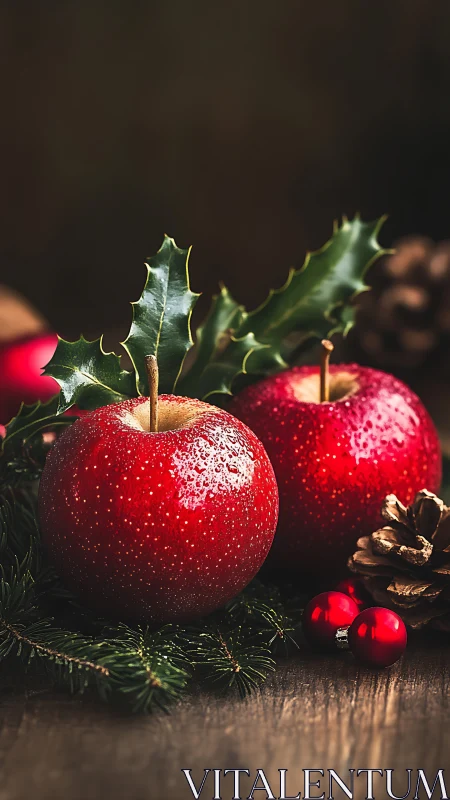 Cozy holiday apples with holly leaves and rustic pinecones.