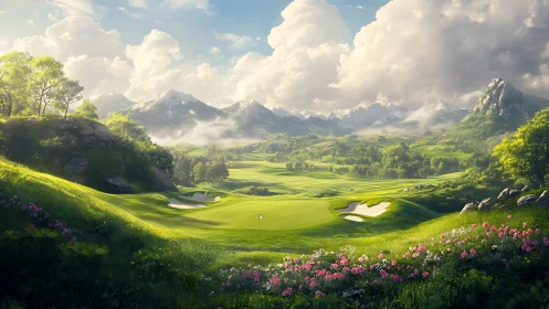 High-altitude championship golf green under dramatic cumulus sky