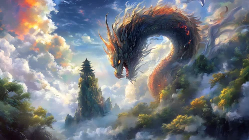Mythic sky dragon guarding misty mountain temple realm.