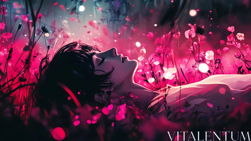 Dreaming figure under neon wildflowers glows in twilight.