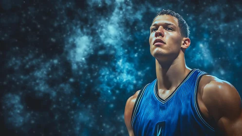 Basketball player rendered against diffuse blue nebula field