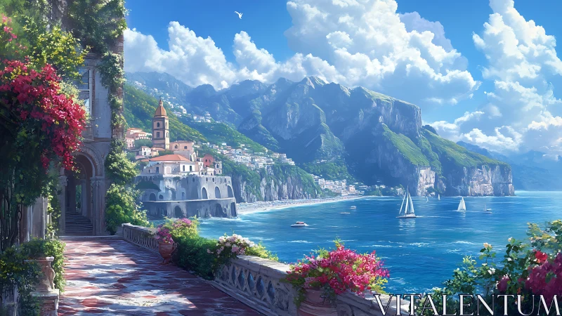 Sunlit Amalfi coast terrace rendered as luminous digital painting