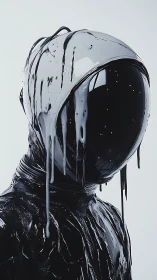 Glossy coated humanoid figure stands in dripping liquid suit