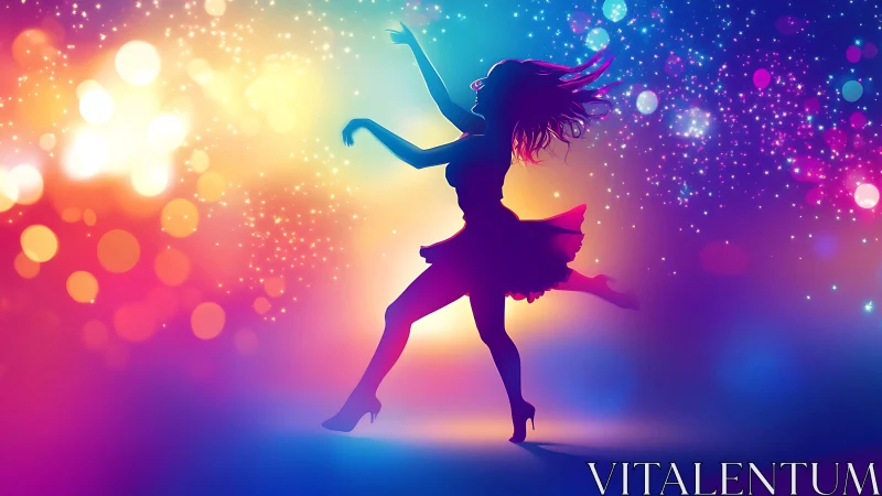 Silhouette dancer moves against vivid multicolor light field