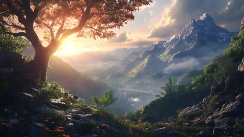 Sunlit valley with lone tree and distant snow peak.