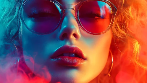 Bold close-up portrait of woman in neon sunglasses.