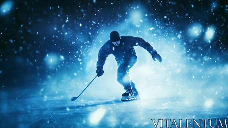Ice hockey player skating on outdoor rink in snowfall.