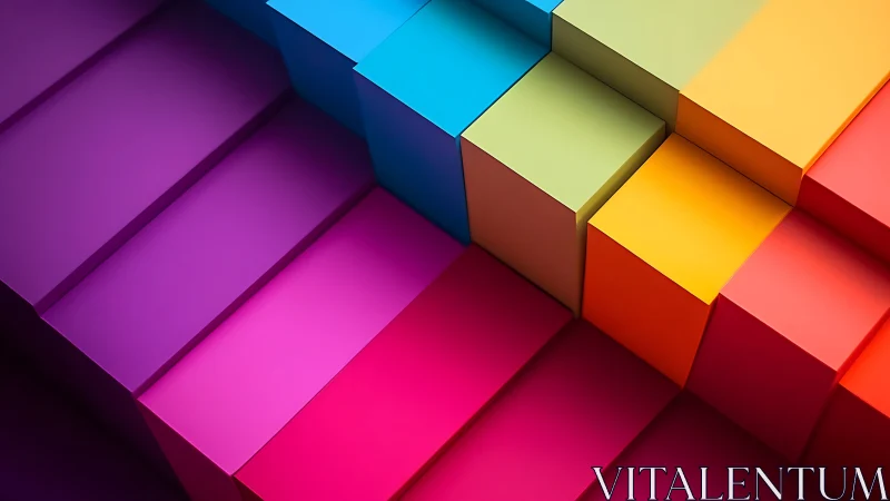 Chromatic stairways and candy-block geometry collide boldly.