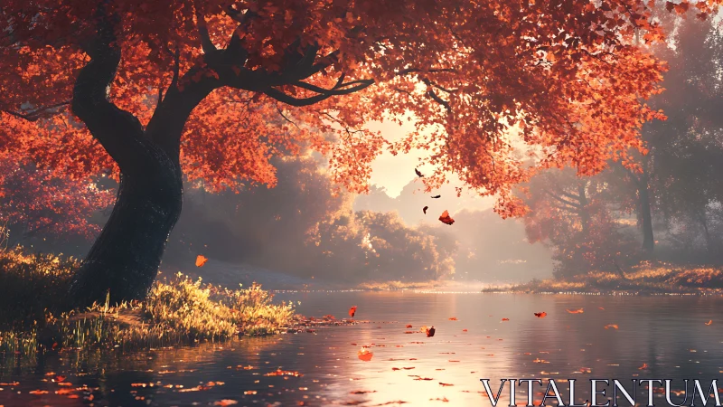 Autumn maple tree glows above a tranquil reflective river.