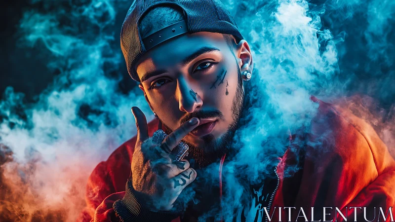 Smoke-crowned street poet framed in neon fire and frost.