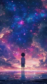 Solitary child gazes cosmic sky over reflective shore.