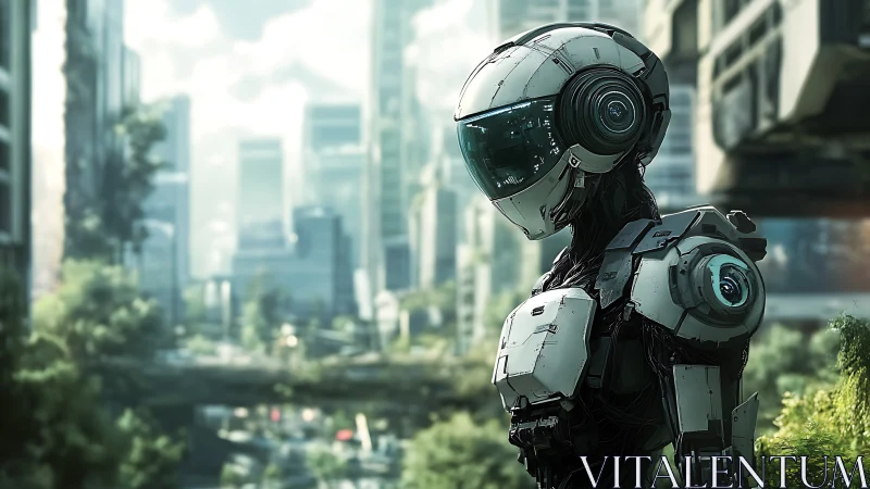 Futuristic android overlooking lush overgrown megacity skyline.