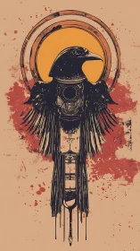Stylized mechanical crow emblem with concentric solar disc.