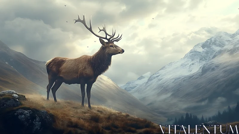 Stag standing in misty mountain valley under cloudy sky.