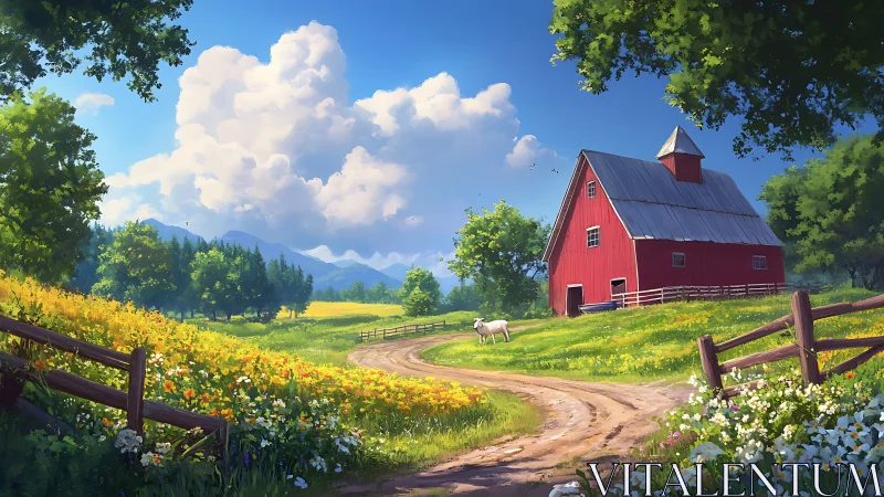 Sunlit country lane winding toward a peaceful red barn.