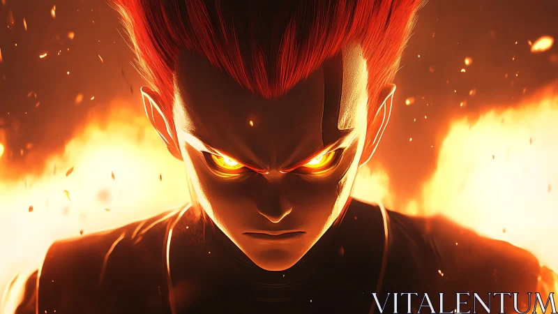 Fiery anime warrior locked in glowing, unstoppable focus.
