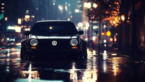 Vintage Volkswagen glows on rainy neon city street at night.